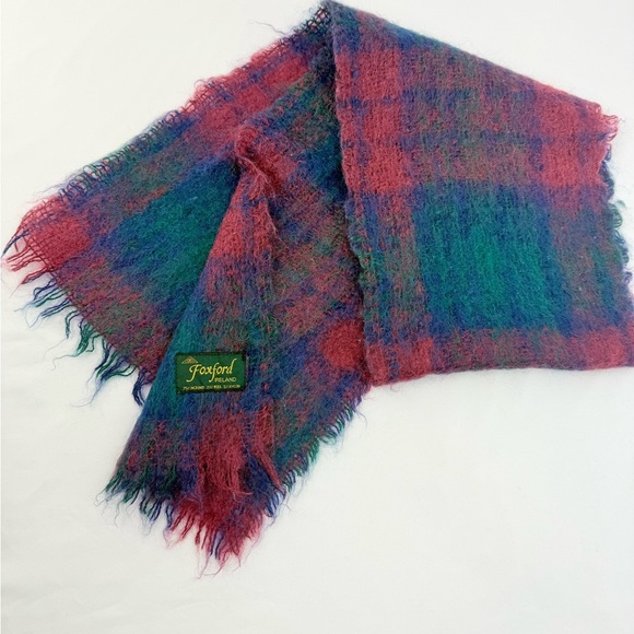 Foxford Irish Colorful Mohair Wool Woven Blue Red Teal Neck Scarf - Picture 5 of 8